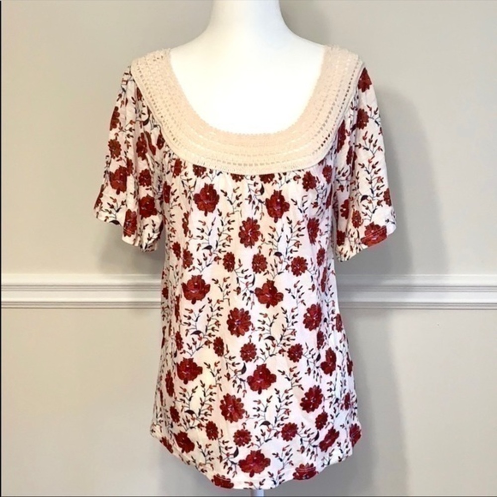 LUCKY BRAND Crochet Neck Floral Boho Chic Top S